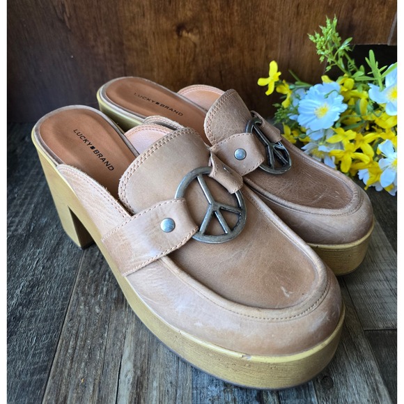 Lucky Brand Women's Aleah Wooden Platform Clogs Size 9M Latte Brown Leather - Picture 1 of 11